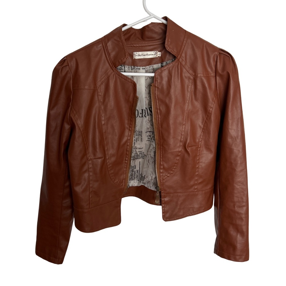 Vintage Cropped Brown Leather Jacket with Modern Band Collar